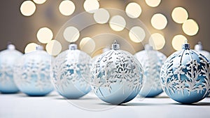 Frosty Elegance: A Profile of Blue and White Ornaments on a Silv