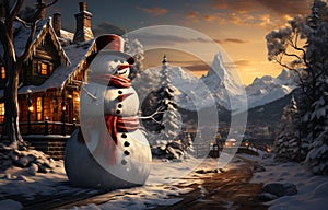 A Frosty Encounter: Snowman Meets House in Winter Wonderland