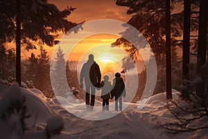 Frosty Family forest winter sunset. Generate Ai