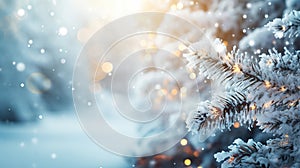 Frosty Festivities Christmas Winter Blurred Background with Snow-Decorated Xmas Tree and Garland Lights - Holiday Festive