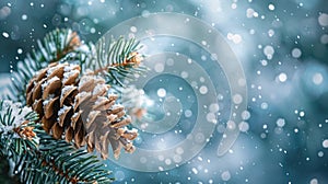 Frosty Fir: Wintry Branch with Pine Cone and Snowflakes