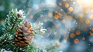 Frosty Fir: Wintry Branch with Pine Cone and Snowflakes