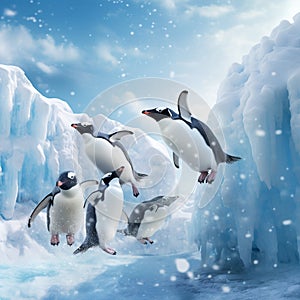 Frosty Frolic - Whimsical Penguins Sliding and Frolicking on Icy Snow-Covered Iceberg