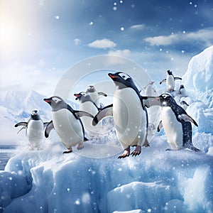 Frosty Frolic - Whimsical Penguins Sliding and Frolicking on Icy Snow-Covered Iceberg