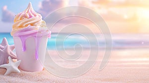 Frosty ice cream cone with colorful syrup on a sandy beach at sunset photo