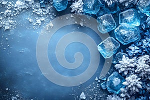 Winter Frost Ice Cubes on Blue Surface - Perfect for Seasonal Design and Background Generative AI photo
