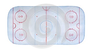 Frosty ice hockey rink watercolour with lines, marks, circles, zones and positions.