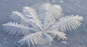 Frosty leaf on frozen surface closeup