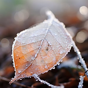 A frosty leaf on the ground with water droplets, AI