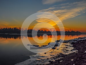 Frosty March dawn on the banks of the Neva river in St. Petersburg