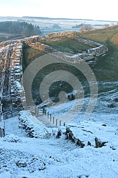 Frosty Milecastle 42 on Hadrian`s Wall, Northumberland