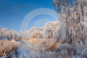 Frosty misty morning on the rive