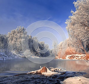 Frosty misty morning on the rive