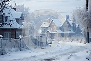 Frosty morning charm in a residential neighborhood evoking a peaceful winter scene