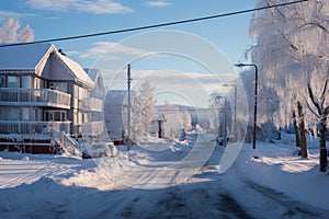 Frosty morning charm in a residential neighborhood evoking a peaceful winter scene