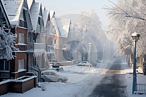 Frosty morning charm in a residential neighborhood evoking a peaceful winter scene