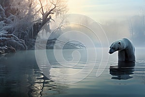 frosty morning with a polar bear taking a plunge in icy lake