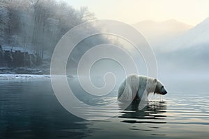 frosty morning with a polar bear taking a plunge in icy lake