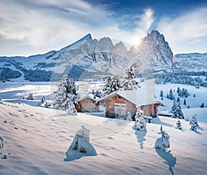 Frosty morning view of Alpe di Siusi village.