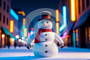Frosty Night Magic, Snowman and Neon Lights, AI Generated