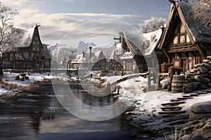 Frosty Nordic village view snow. Generate Ai