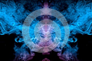 Frosty pattern of evaporating vape smoke on a dark background in the form of a ghostly image of a neon blue and head