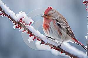 Frosty Perch: Redpoll on Frost-Covered Branch with Fluffed Feathers
