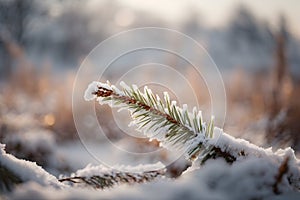 Frosty pine branch in winter forest, winter nature background