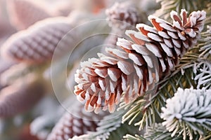 frosty pine cones on a coniferous tree illustrating winter dormancy