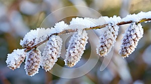 Frosty pine cones covered in soft glistening snow photo