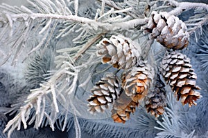 frosty pine cones on a snow-covered branch