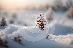 Frosty pine tree in the winter forest. Winter landscape.