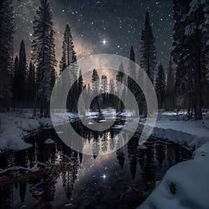 Frosty reflections in the night: winter landscape in the mountains with coniferous forest