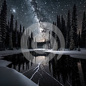 Frosty reflections in the night: winter landscape in the mountains with coniferous forest