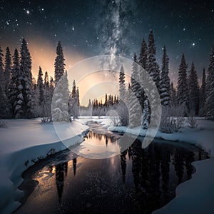 Frosty reflections in the night: winter landscape in the mountains with coniferous forest