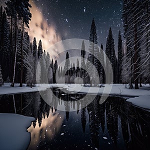 Frosty reflections in the night: winter landscape in the mountains with coniferous forest