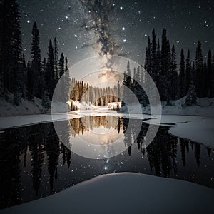 Frosty reflections in the night: winter landscape in the mountains with coniferous forest