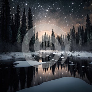 Frosty reflections in the night: winter landscape in the mountains with coniferous forest