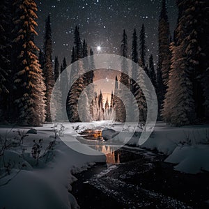 Frosty reflections in the night: winter landscape in the mountains with coniferous forest