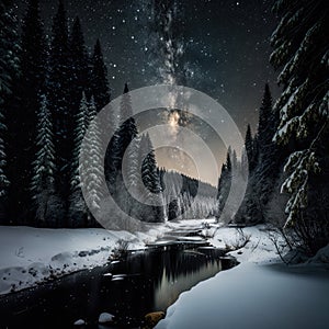 Frosty reflections in the night: winter landscape in the mountains with coniferous forest