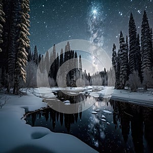 Frosty reflections in the night: winter landscape in the mountains with coniferous forest