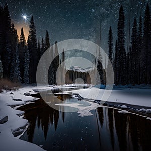 Frosty reflections in the night: winter landscape in the mountains with coniferous forest