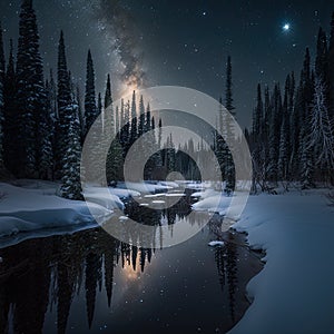 Frosty reflections in the night: winter landscape in the mountains with coniferous forest