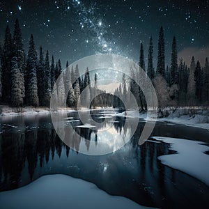 Frosty reflections in the night: winter landscape in the mountains with coniferous forest