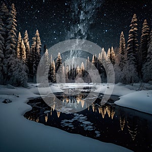 Frosty reflections in the night: winter landscape in the mountains with coniferous forest