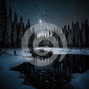 Frosty reflections in the night: winter landscape in the mountains with coniferous forest