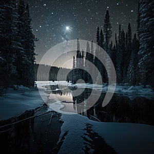 Frosty reflections in the night: winter landscape in the mountains with coniferous forest