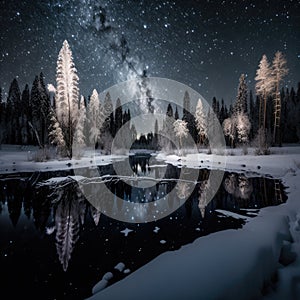 Frosty reflections in the night: winter landscape in the mountains with coniferous forest