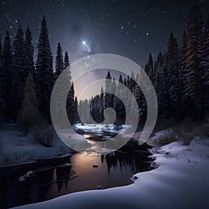 Frosty reflections in the night: winter landscape in the mountains with coniferous forest