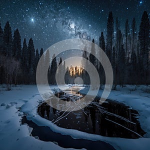 Frosty reflections in the night: winter landscape in the mountains with coniferous forest